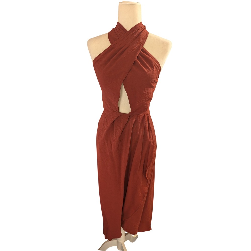 Banana Republic Halter Midi Dress Rust Terracotta Cross Front Cutout Size 0